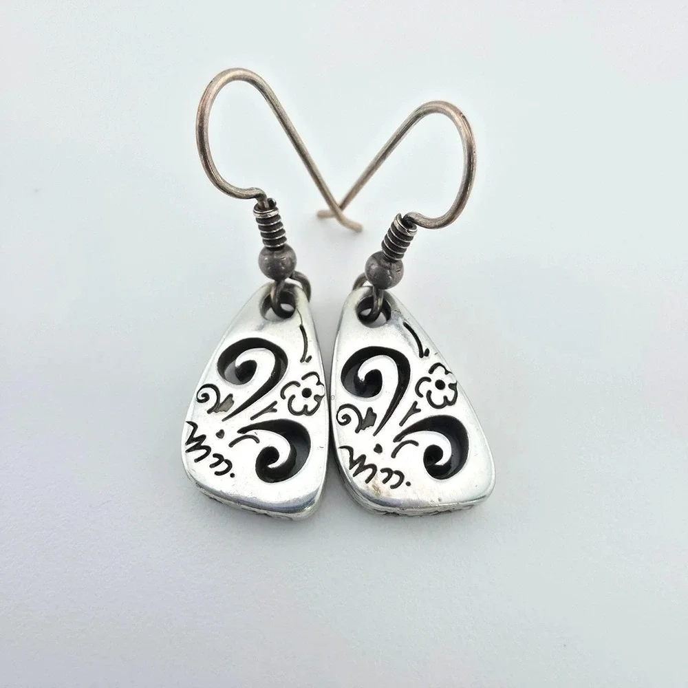 BRIGHTON 'Brazilian' Earrings Dangle Drop Etched Scroll Cutout Silver Plate 1.5